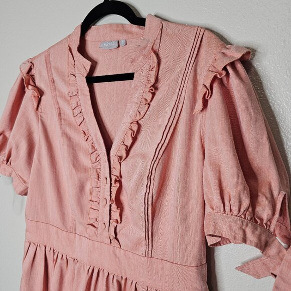 EShakti L Pink Midi Dress Ruffle Tie Sleeve Button Cottage Coquette Feminine - Picture 2 of 6